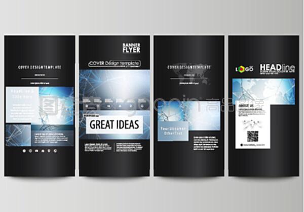 黑色彩色極簡圖為可編輯版面的四個垂直橫幅,傳單設計商業(yè)模板。科學的醫(yī)學dna研究或醫(yī)學概念。黑色極簡圖為可編輯版面的四個垂直橫幅,傳單設計商業(yè)模板。科學的醫(yī)學dna研究或醫(yī)學概念